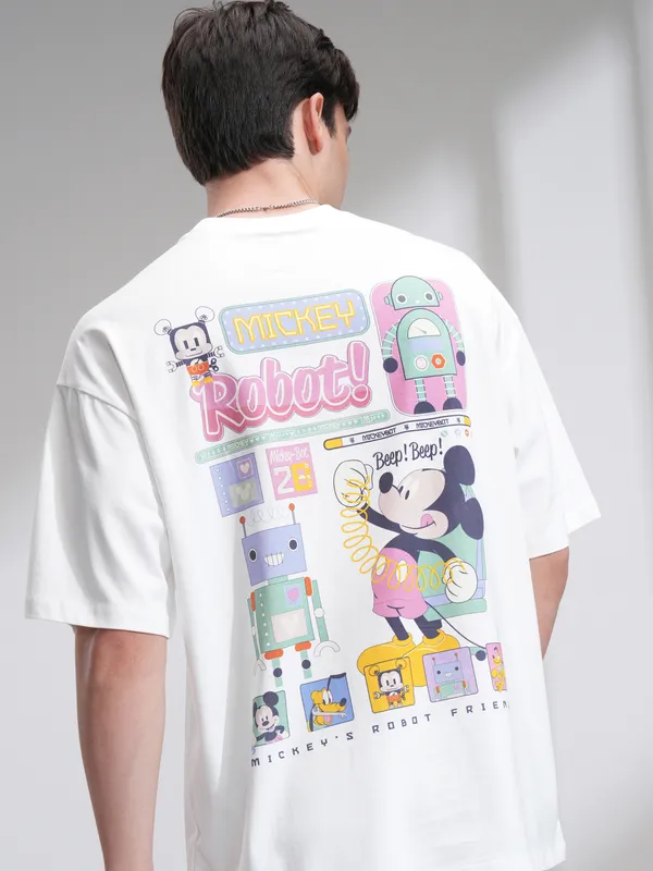 Disney By Highlander Men White Mickey Mouse Printed Round Neck Oversized Fit T-Shirt