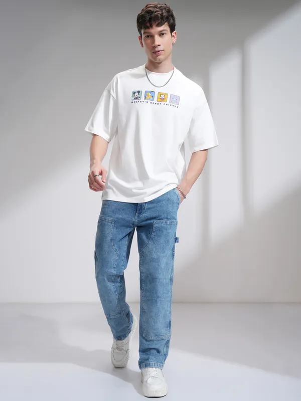 Disney By Highlander Men White Mickey Mouse Printed Round Neck Oversized Fit T-Shirt