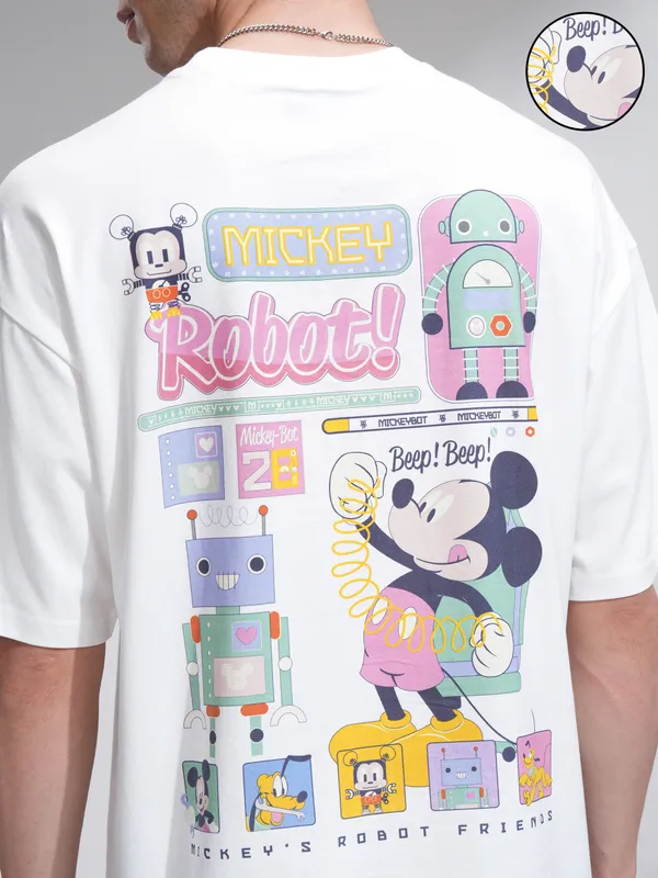 Disney By Highlander Men White Mickey Mouse Printed Round Neck Oversized Fit T-Shirt