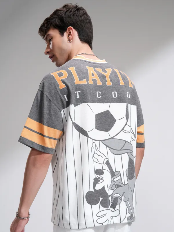 Disney By Highlander Men White Mickey Mouse Printed V-Neck Oversized Fit T-Shirt