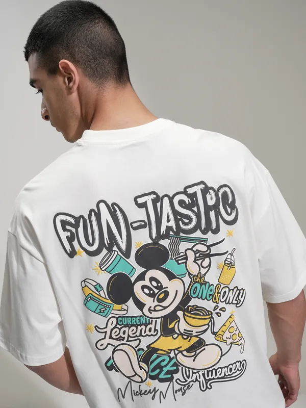 Disney By Highlander Men Off White Mickey Mouse Printed Round Neck Oversized Fit T-Shirt