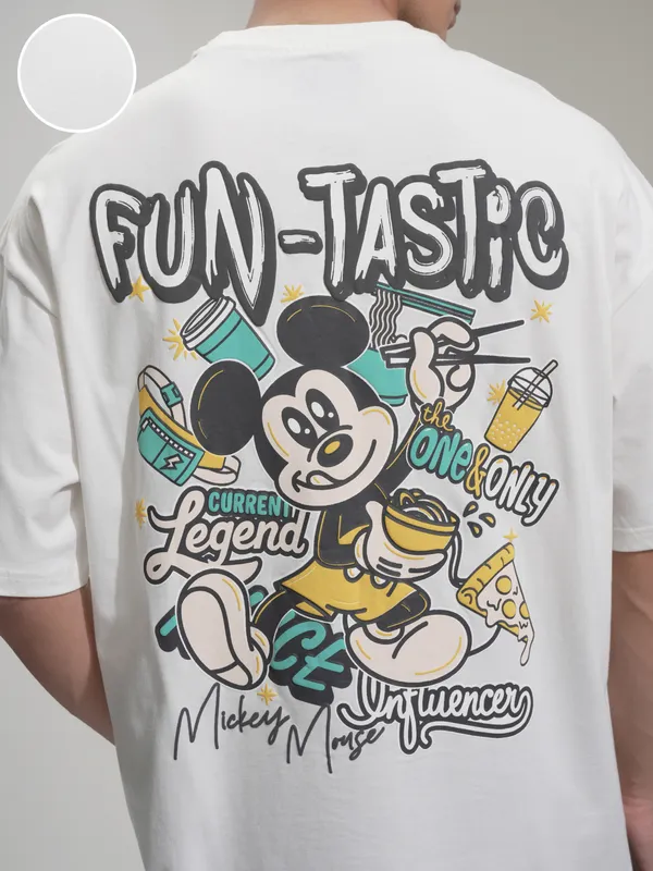 Disney By Highlander Men Off White Mickey Mouse Printed Round Neck Oversized Fit T-Shirt