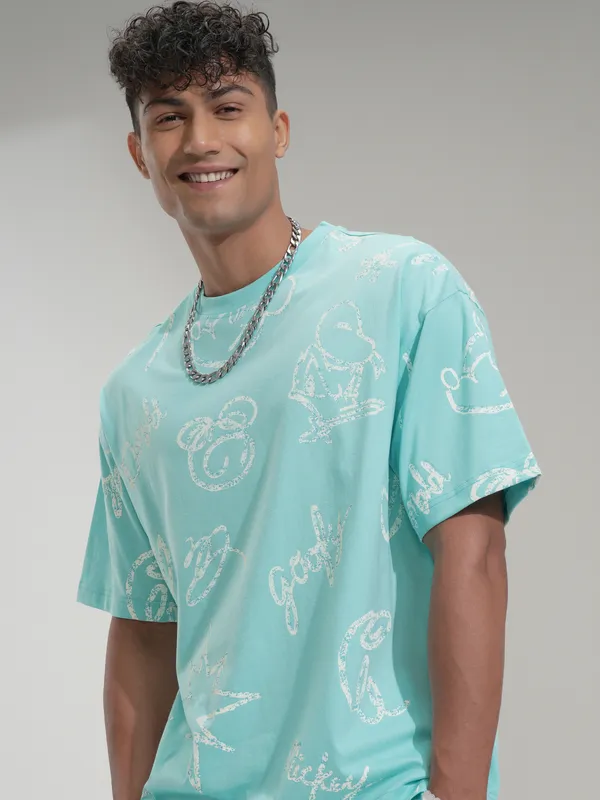 Disney By Highlander Men Blue Goofy Printed Round Neck Oversized Fit T-Shirt