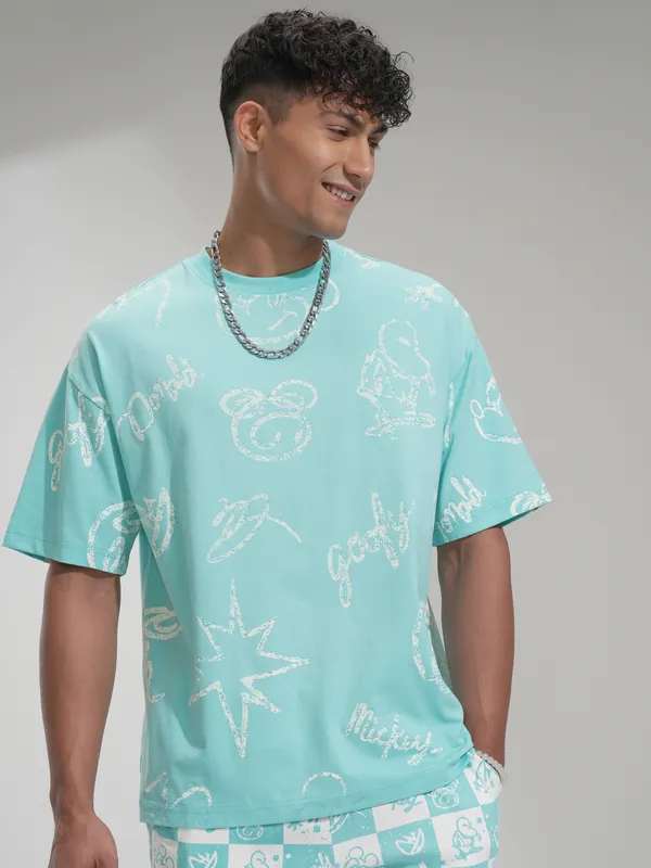 Disney By Highlander Men Blue Goofy Printed Round Neck Oversized Fit T-Shirt