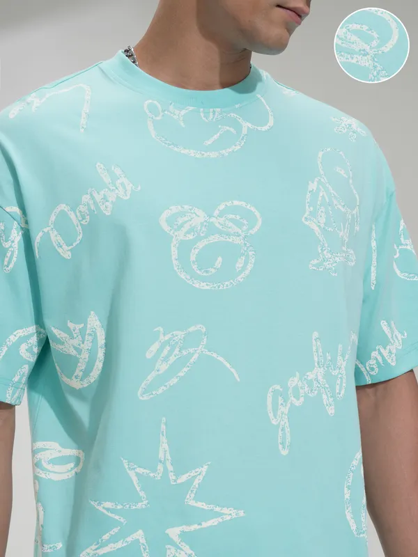 Disney By Highlander Men Blue Goofy Printed Round Neck Oversized Fit T-Shirt