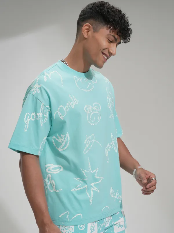 Disney By Highlander Men Blue Goofy Printed Round Neck Oversized Fit T-Shirt
