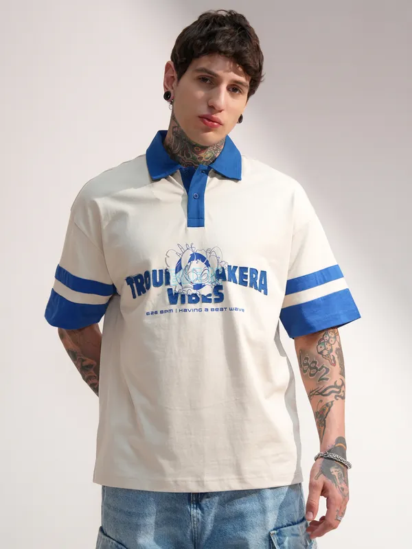 Disney By Highlander Men Cream Stitch Printed Polo Collar T-Shirt