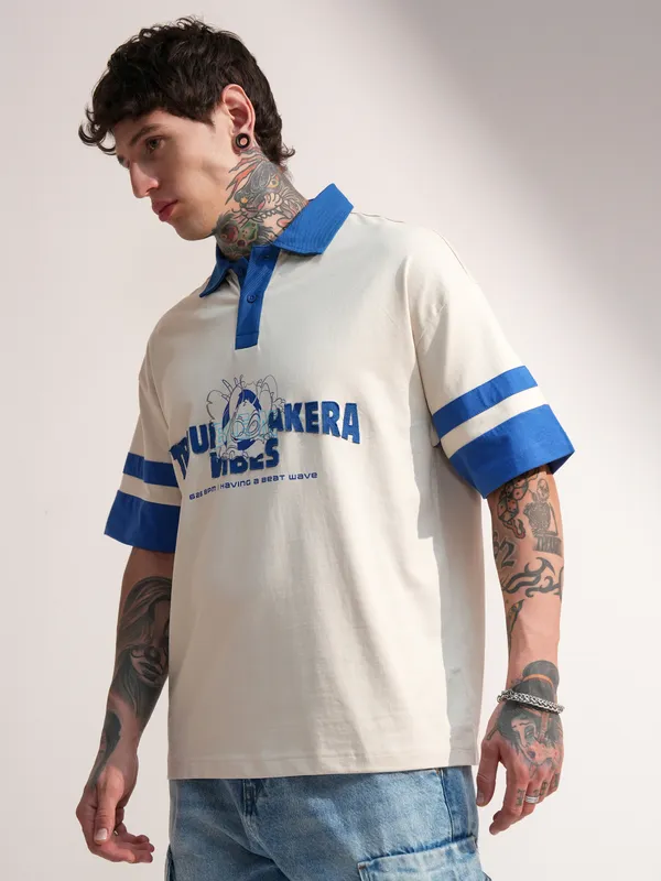 Disney By Highlander Men Cream Stitch Printed Polo Collar T-Shirt