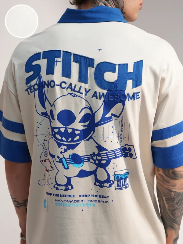Disney By Highlander Men Cream Stitch Printed Polo Collar T-Shirt