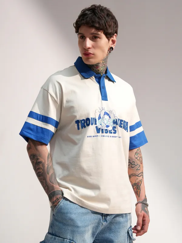 Disney By Highlander Men Cream Stitch Printed Polo Collar T-Shirt