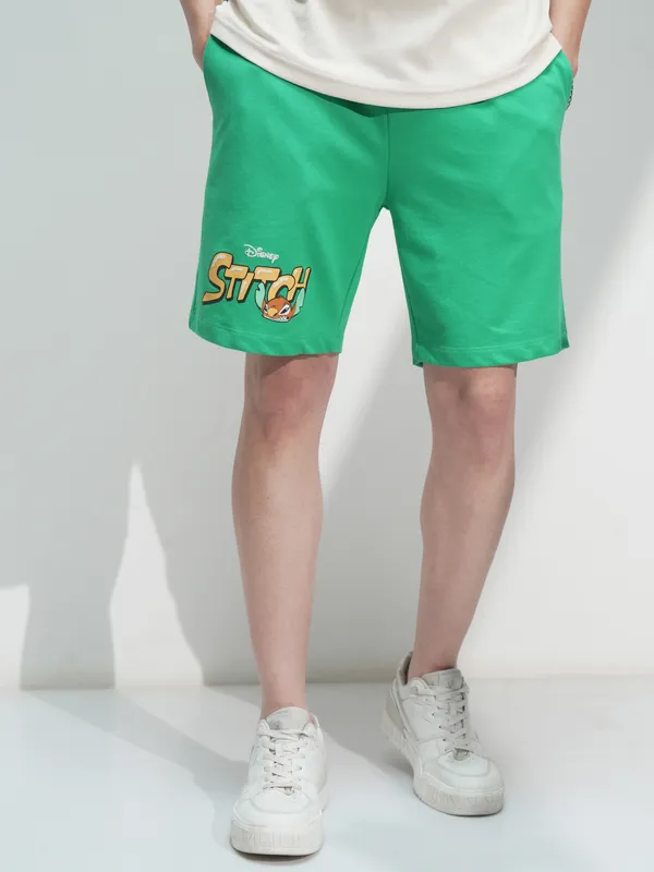 Disney By Highlander Men Green Stitch Relaxed Fit Shorts