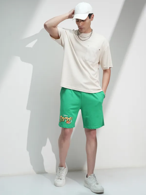 Disney By Highlander Men Green Stitch Relaxed Fit Shorts
