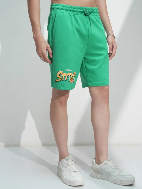 Disney By Highlander Men Green Stitch Relaxed Fit Shorts