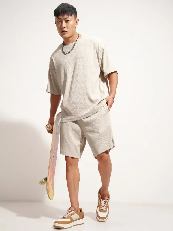 Highlander Men Cream T-Shirt With Shorts Co-Ords