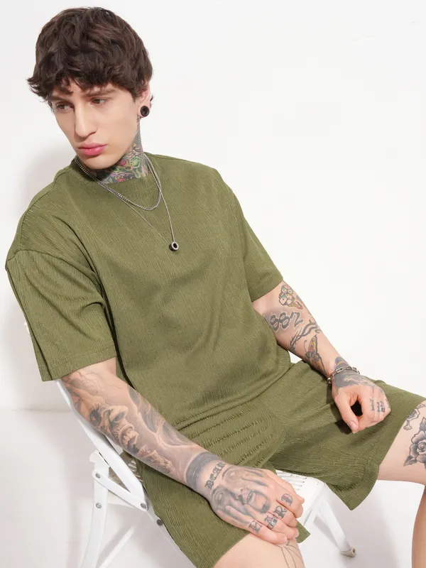 Highlander Men Olive T-shirt With Shorts Co-Ords