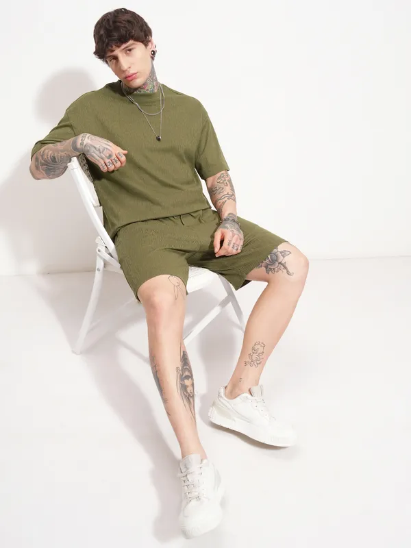 Highlander Men Olive T-shirt With Shorts Co-Ords