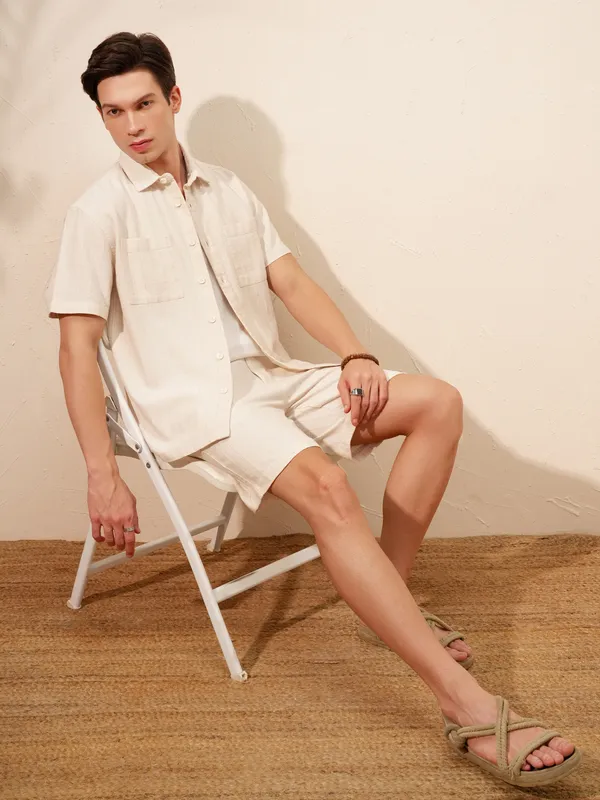Highlander Men Beige Shirt With Shorts Co-Ords