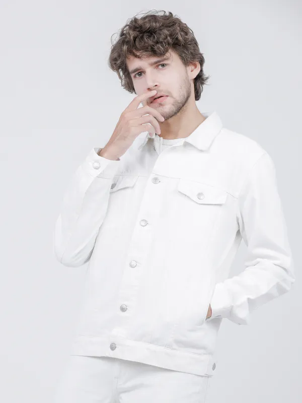 Highlander Men White Solid Denim Jacket