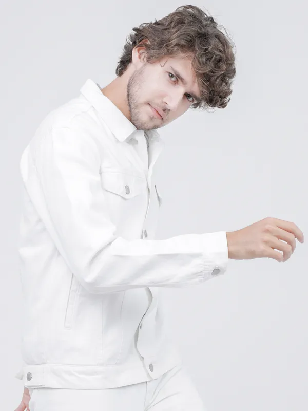 Highlander Men White Solid Denim Jacket