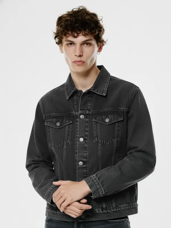 Highlander Men Grey Solid Denim Jacket