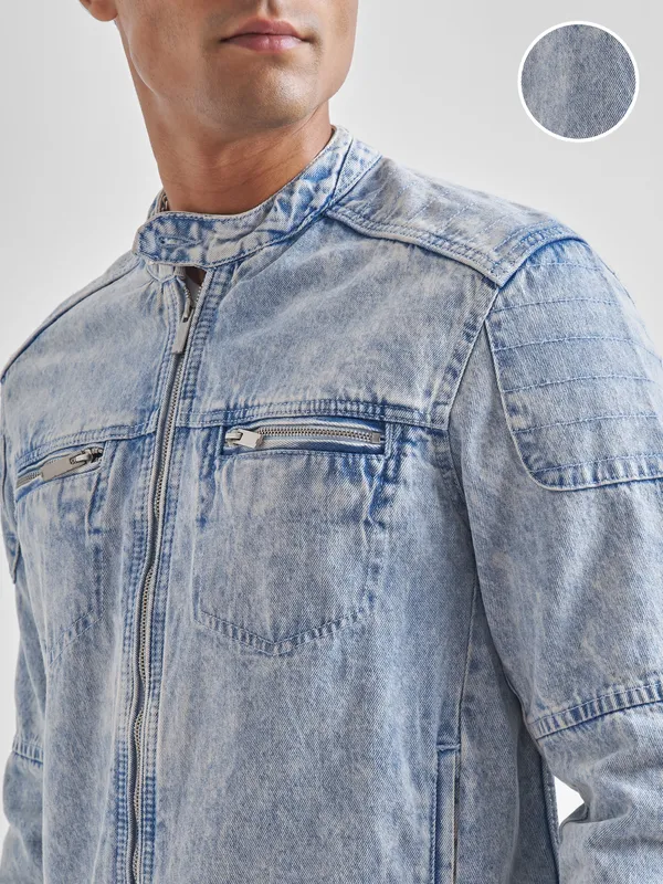 Highlander Men Blue Solid Denim Jacket