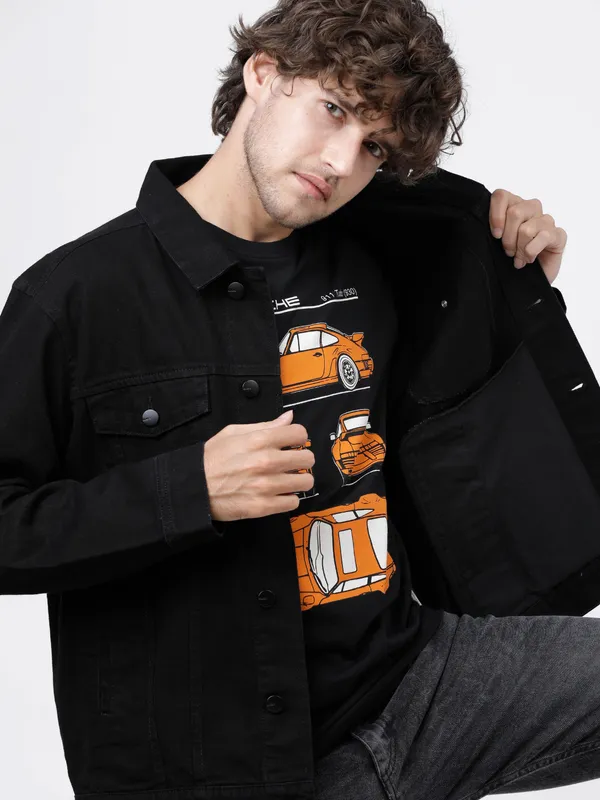 Highlander Men Black Solid Denim Jacket