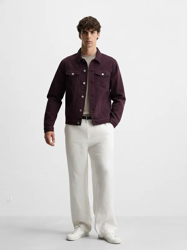 Highlander Men Purple Solid Denim Jacket