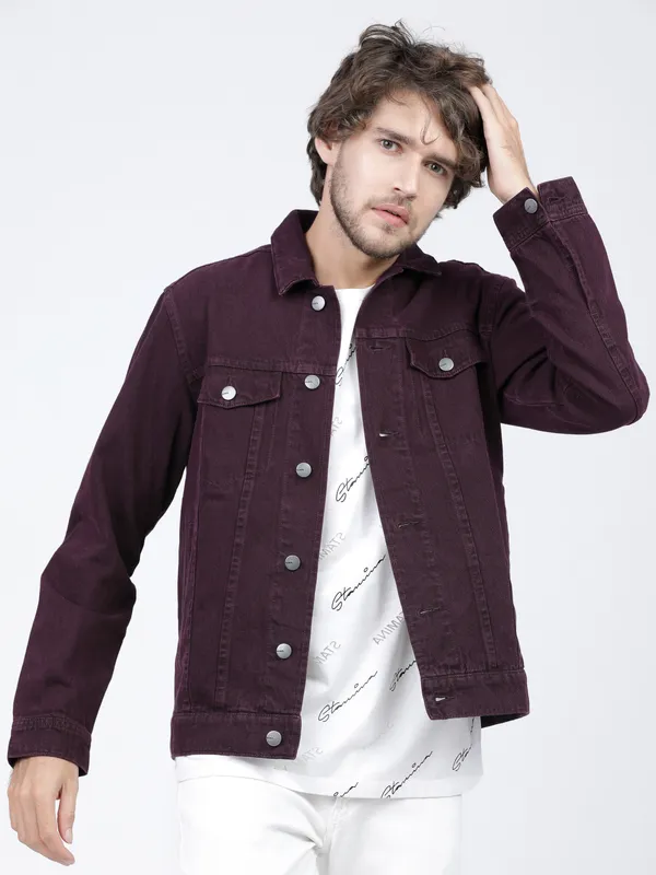 Highlander Men Purple Solid Denim Jacket