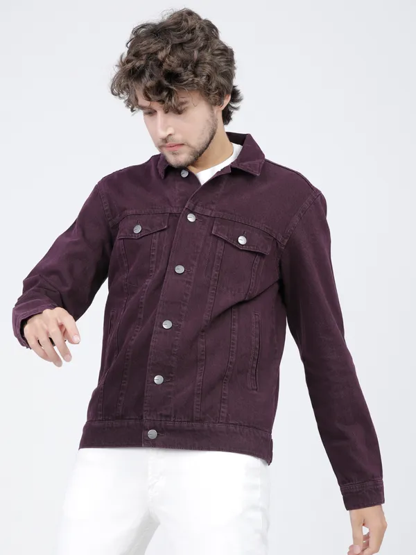 Highlander Men Purple Solid Denim Jacket