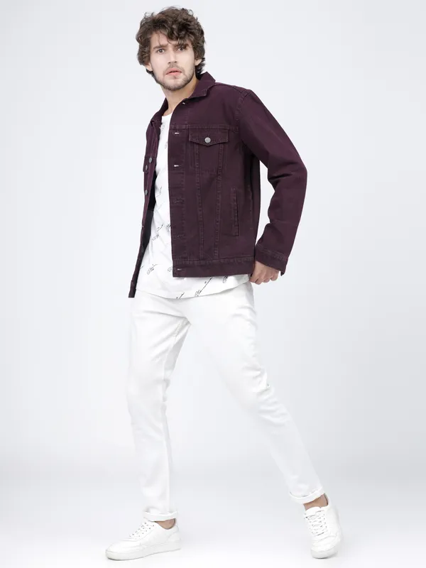 Highlander Men Purple Solid Denim Jacket