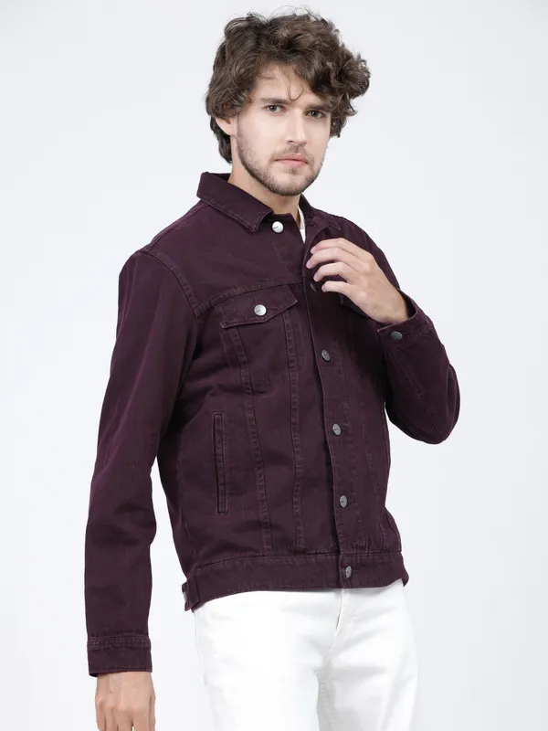 Highlander Men Purple Solid Denim Jacket