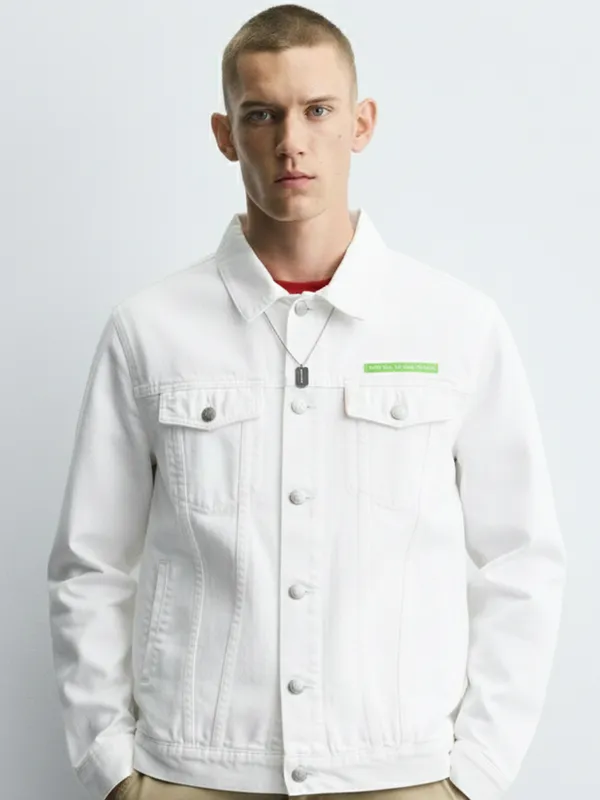 Highlander Men White Solid Denim Jacket