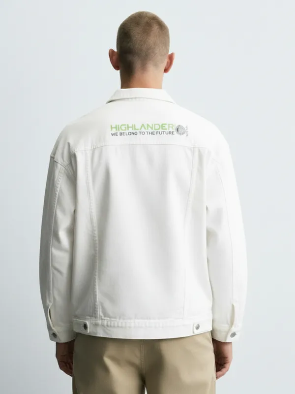 Highlander Men White Solid Denim Jacket