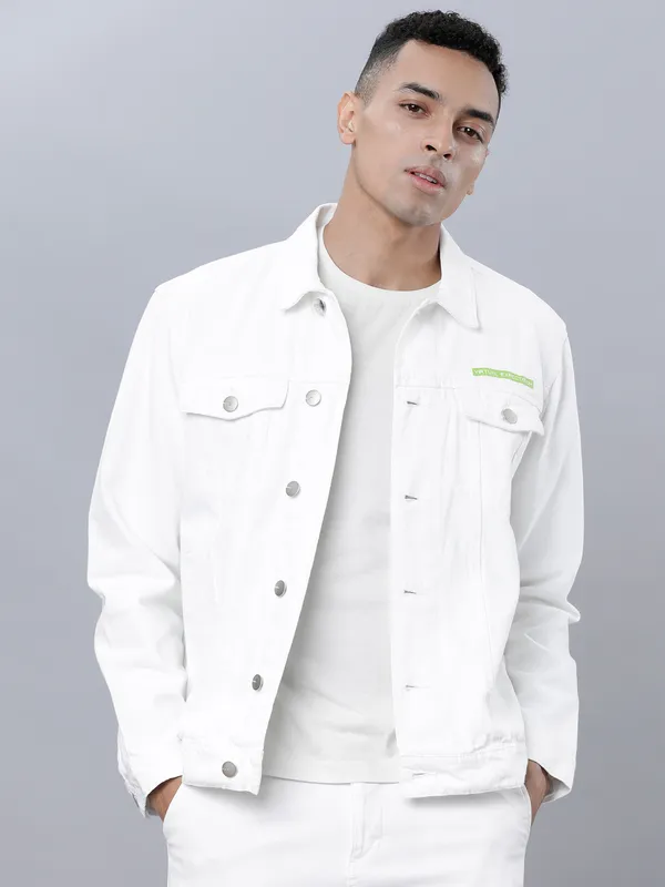 Highlander Men White Solid Denim Jacket