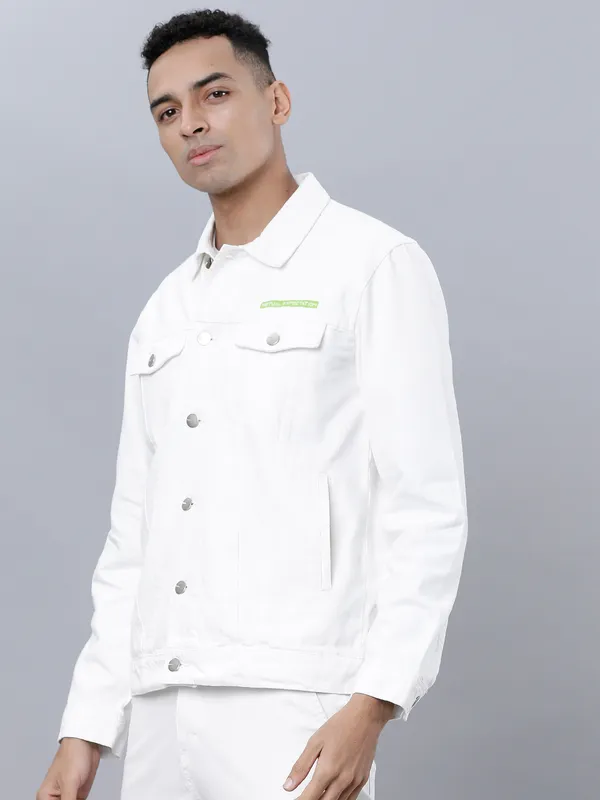 Highlander Men White Solid Denim Jacket