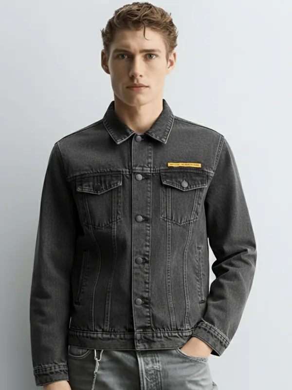 Highlander Men Grey Solid Denim Jacket