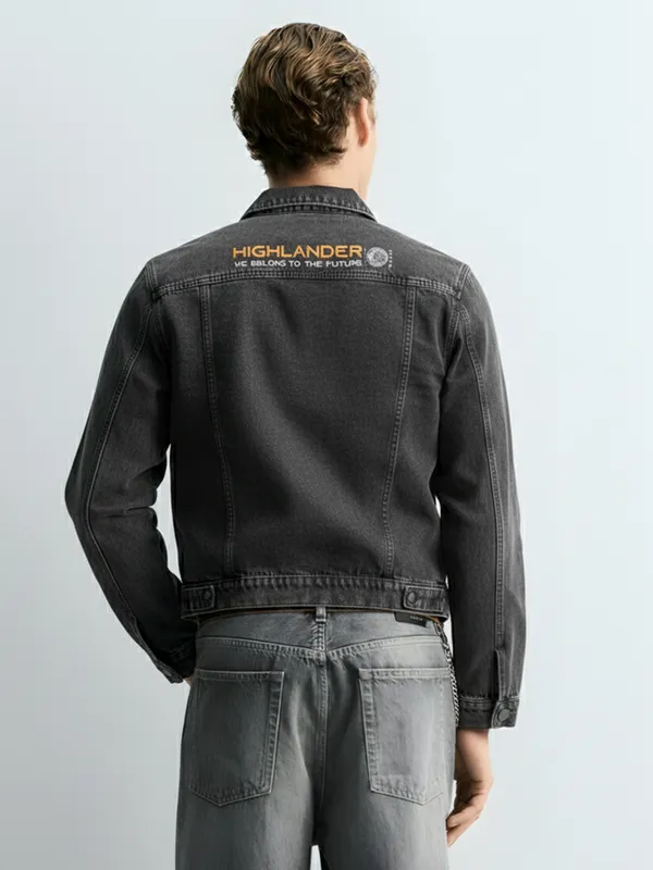 Highlander Men Grey Solid Denim Jacket