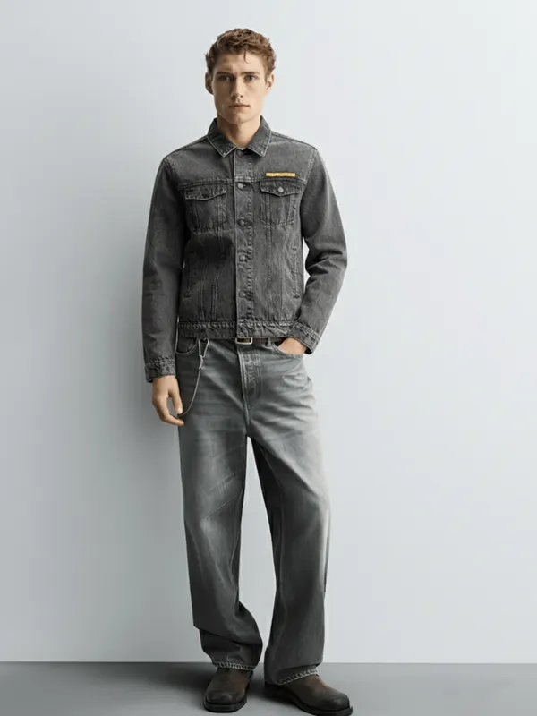 Highlander Men Grey Solid Denim Jacket
