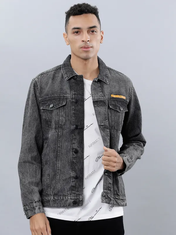 Highlander Men Grey Solid Denim Jacket