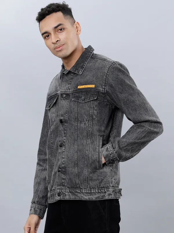 Highlander Men Grey Solid Denim Jacket