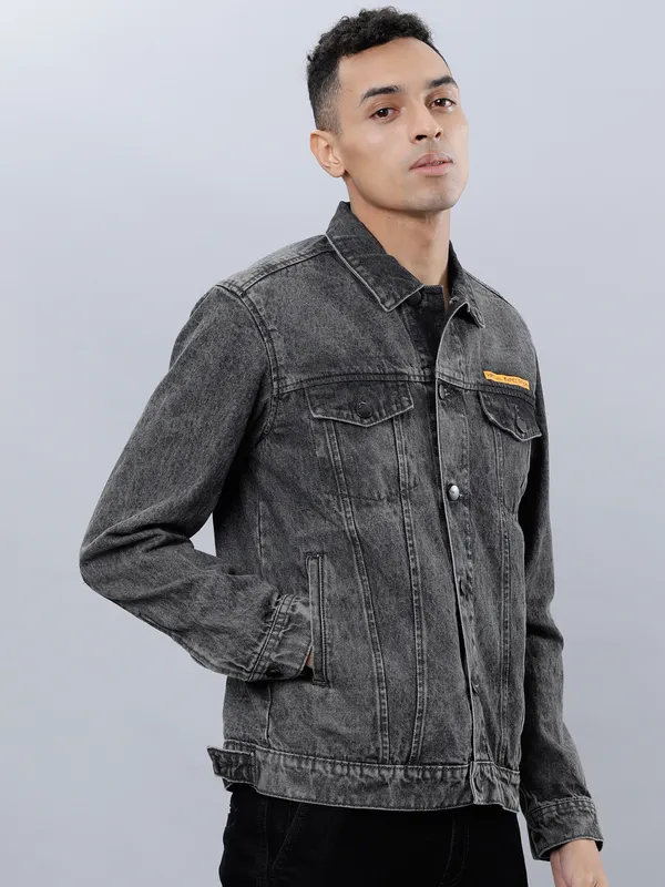 Highlander Men Grey Solid Denim Jacket