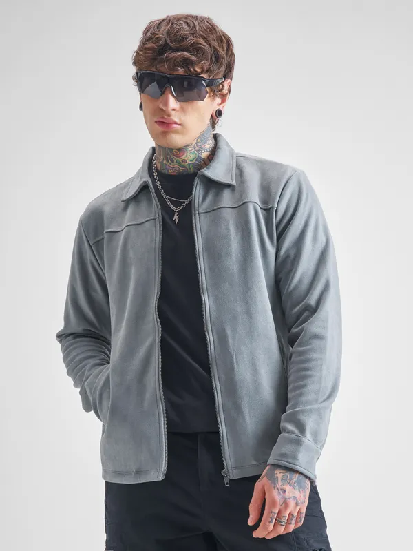 Highlander Men Grey Solid Open Front Jacket