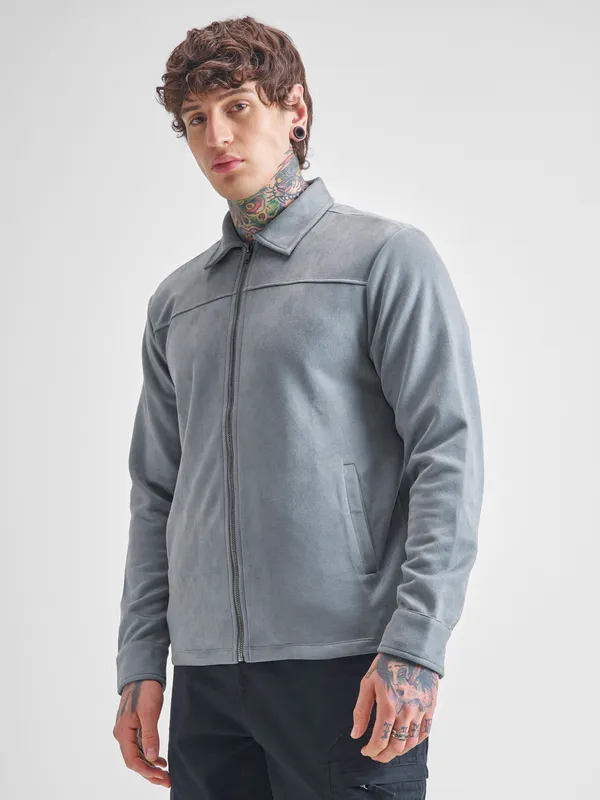 Highlander Men Grey Solid Open Front Jacket