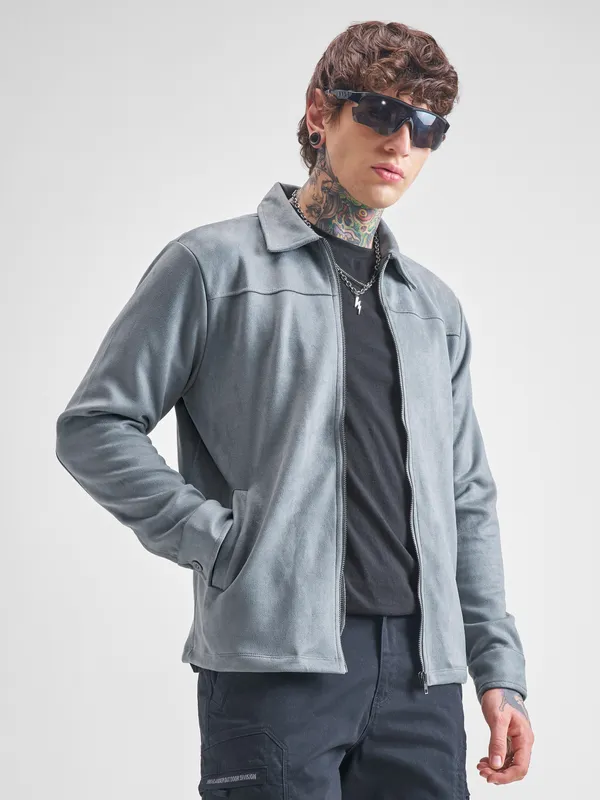Highlander Men Grey Solid Open Front Jacket