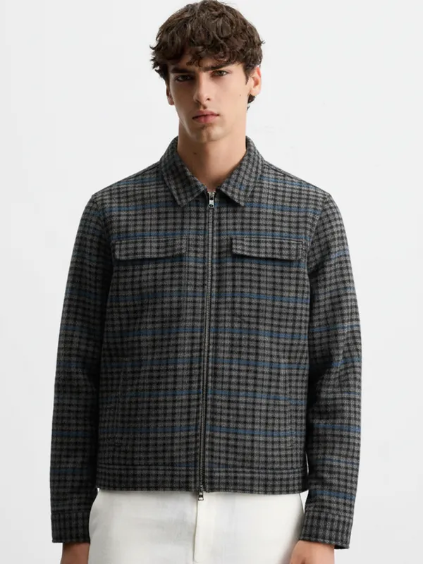Highlander Men Grey Checked Open Front Jacket