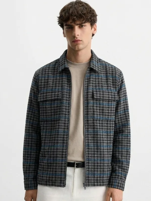 Highlander Men Grey Checked Open Front Jacket