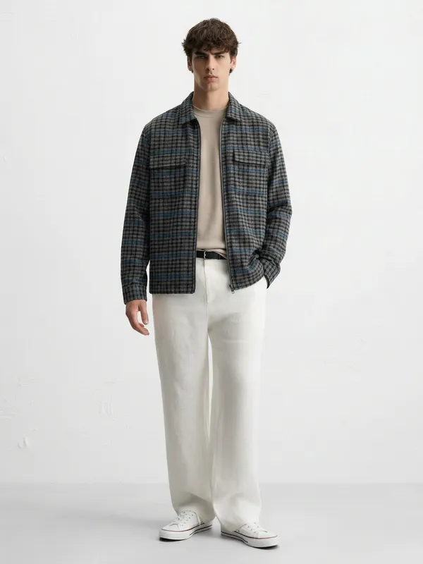 Highlander Men Grey Checked Open Front Jacket