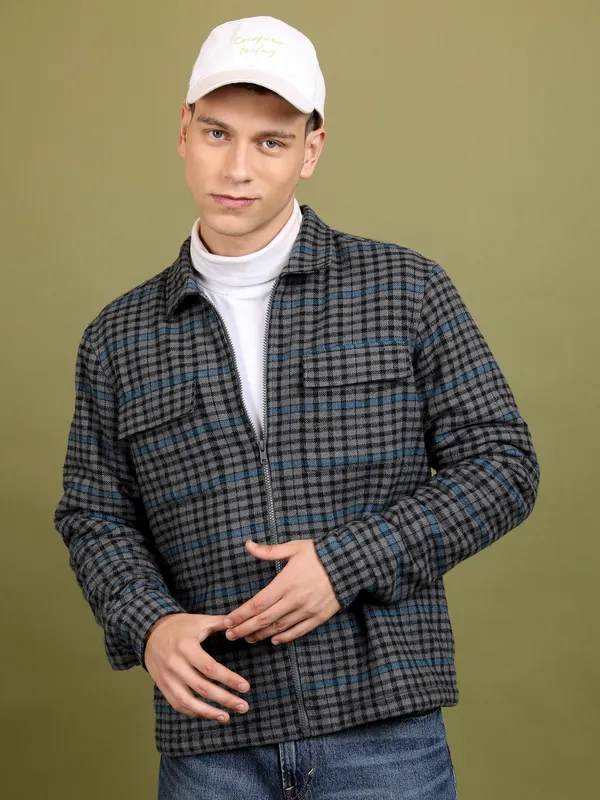 Highlander Men Grey Checked Open Front Jacket