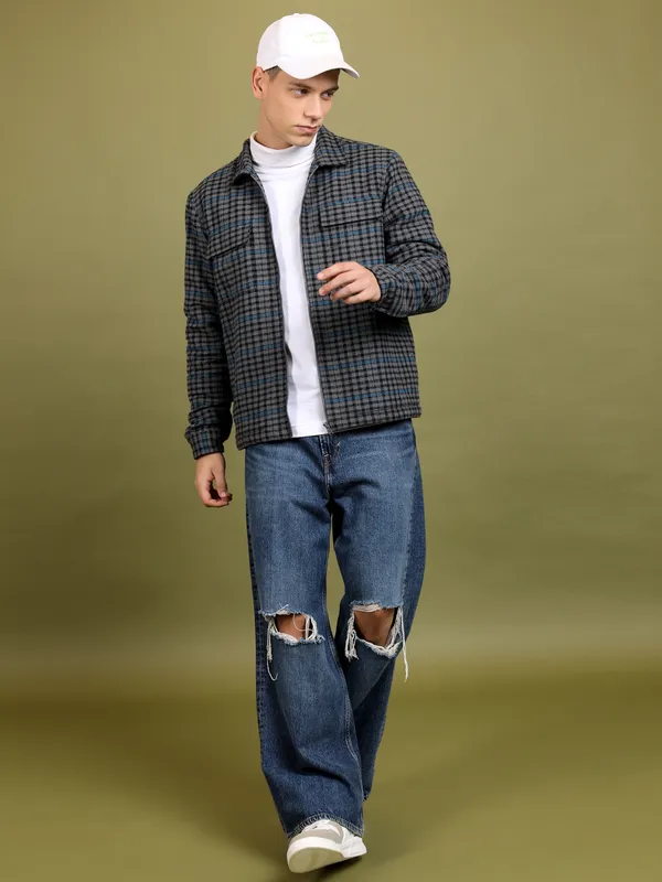 Highlander Men Grey Checked Open Front Jacket