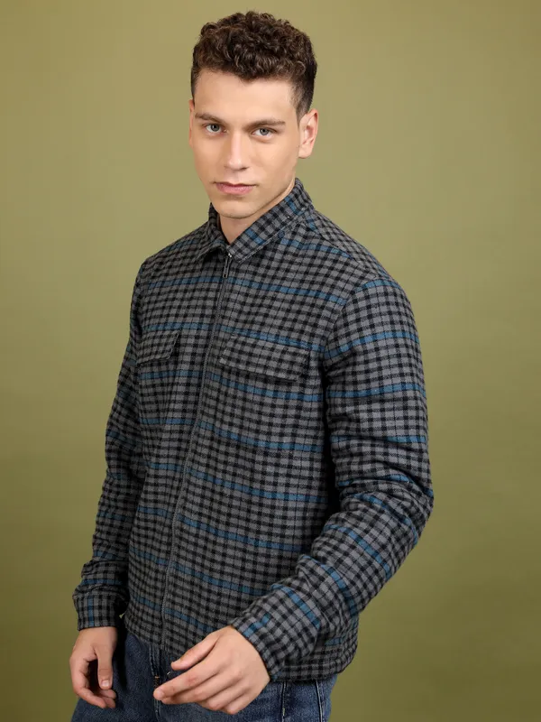 Highlander Men Grey Checked Open Front Jacket
